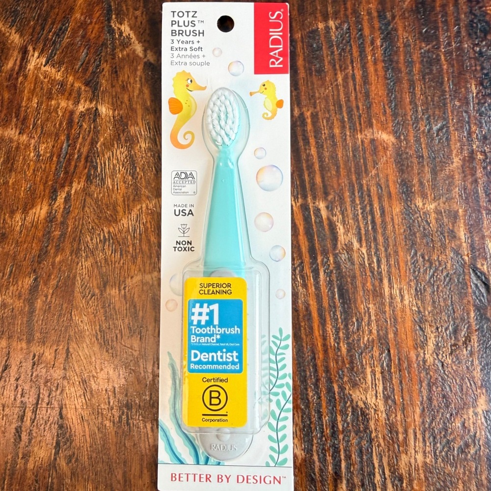 Radius Totz Plus Kids Toothbrush Teal 3 Years+ Extra Soft Made in‎ USA
